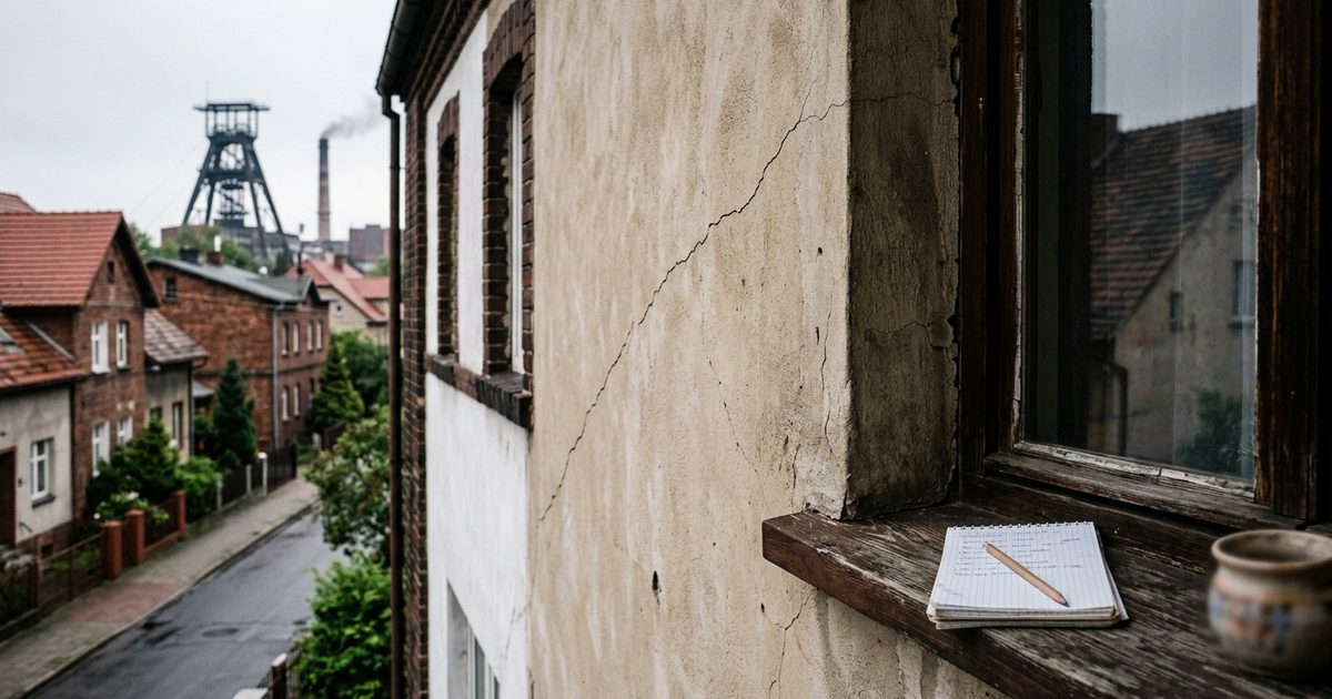 Ukośne pęknięcie na elewacji starszego domu, w tle zabudowa miasteczka górniczego
